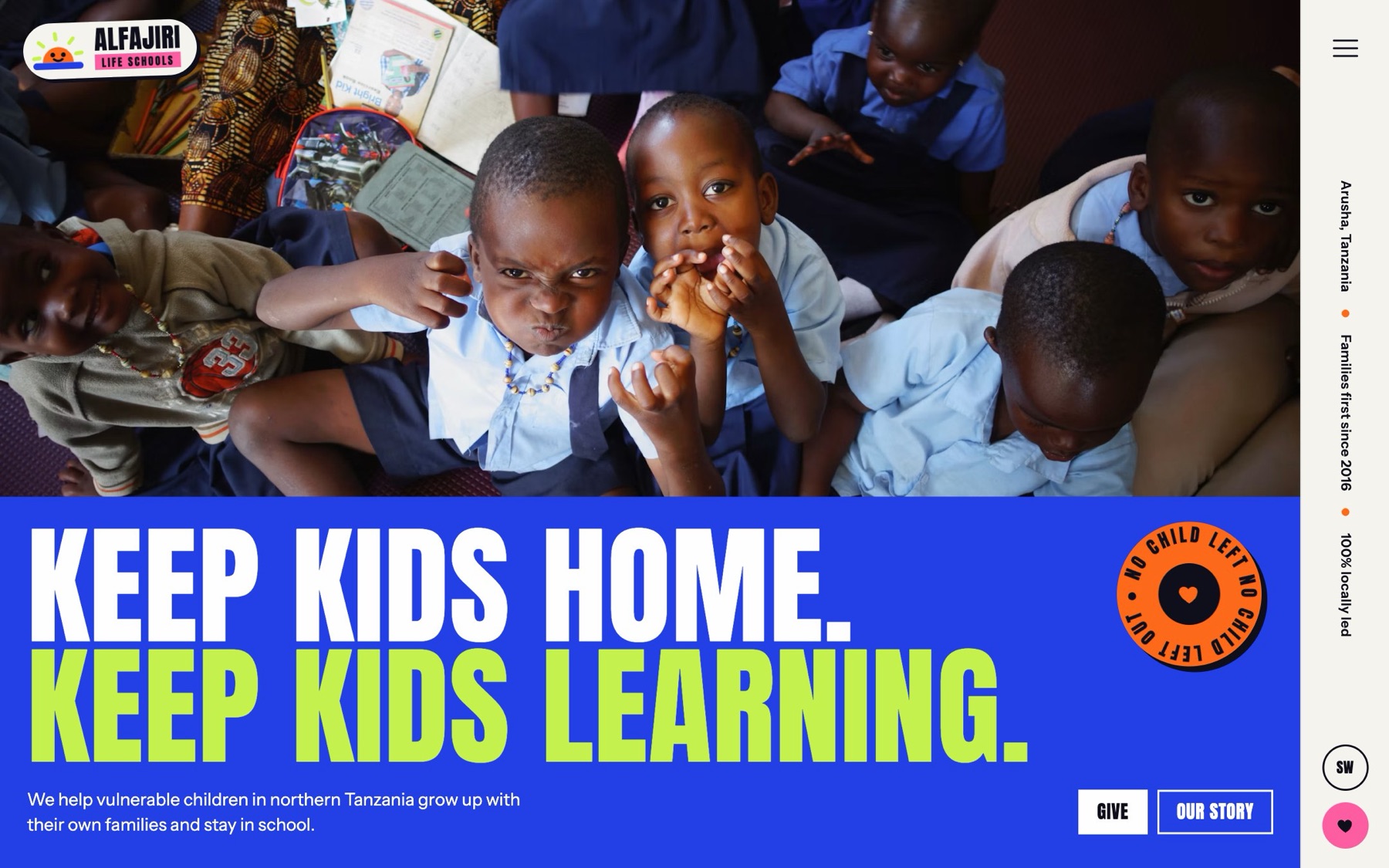 The Alfajiri Life Schools concept landing page: schoolchildren in blue uniforms above the headline Keep kids home. Keep kids learning.