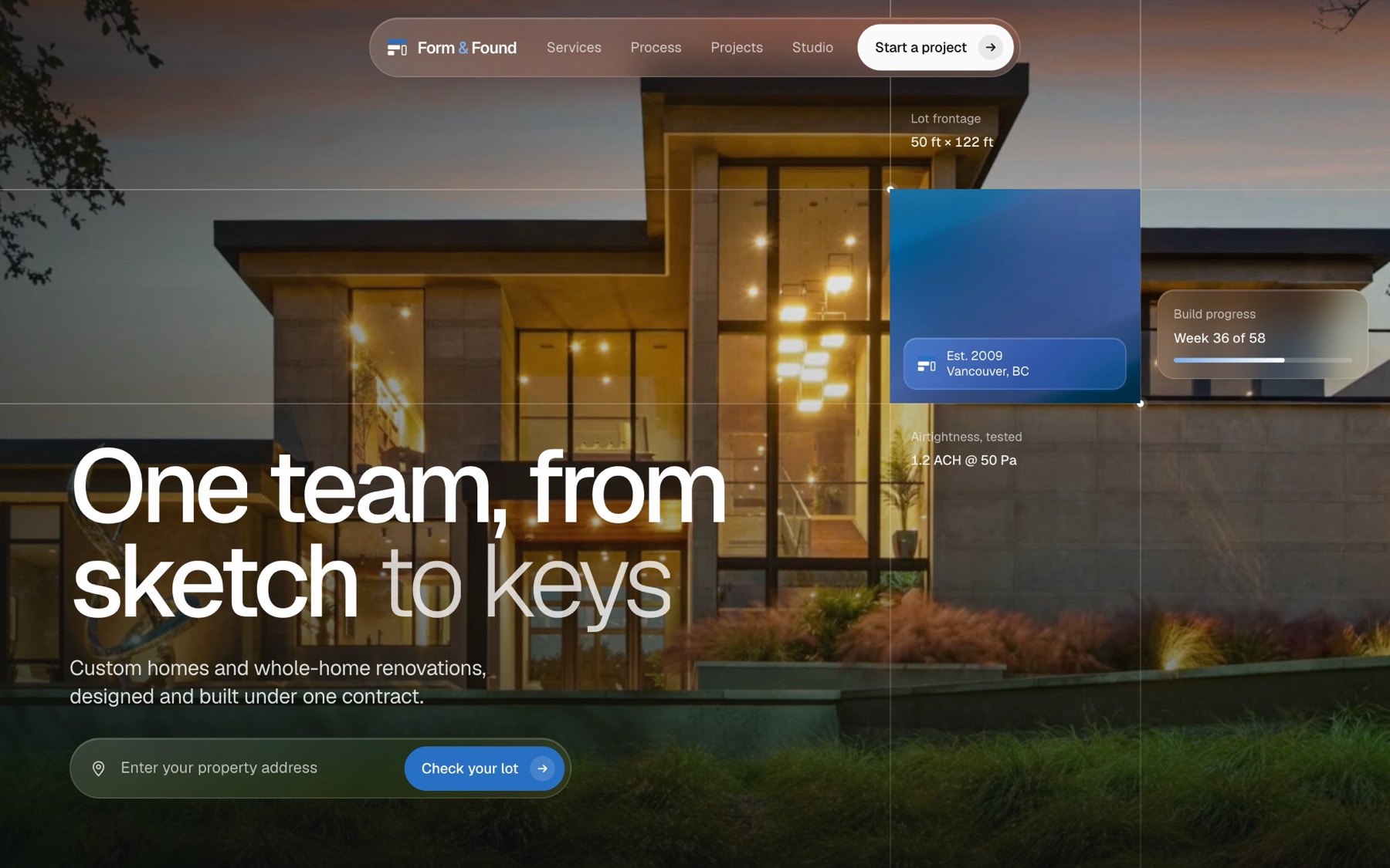The Form & Found concept website homepage: a modern home glowing at dusk under the headline One team, from sketch to keys.