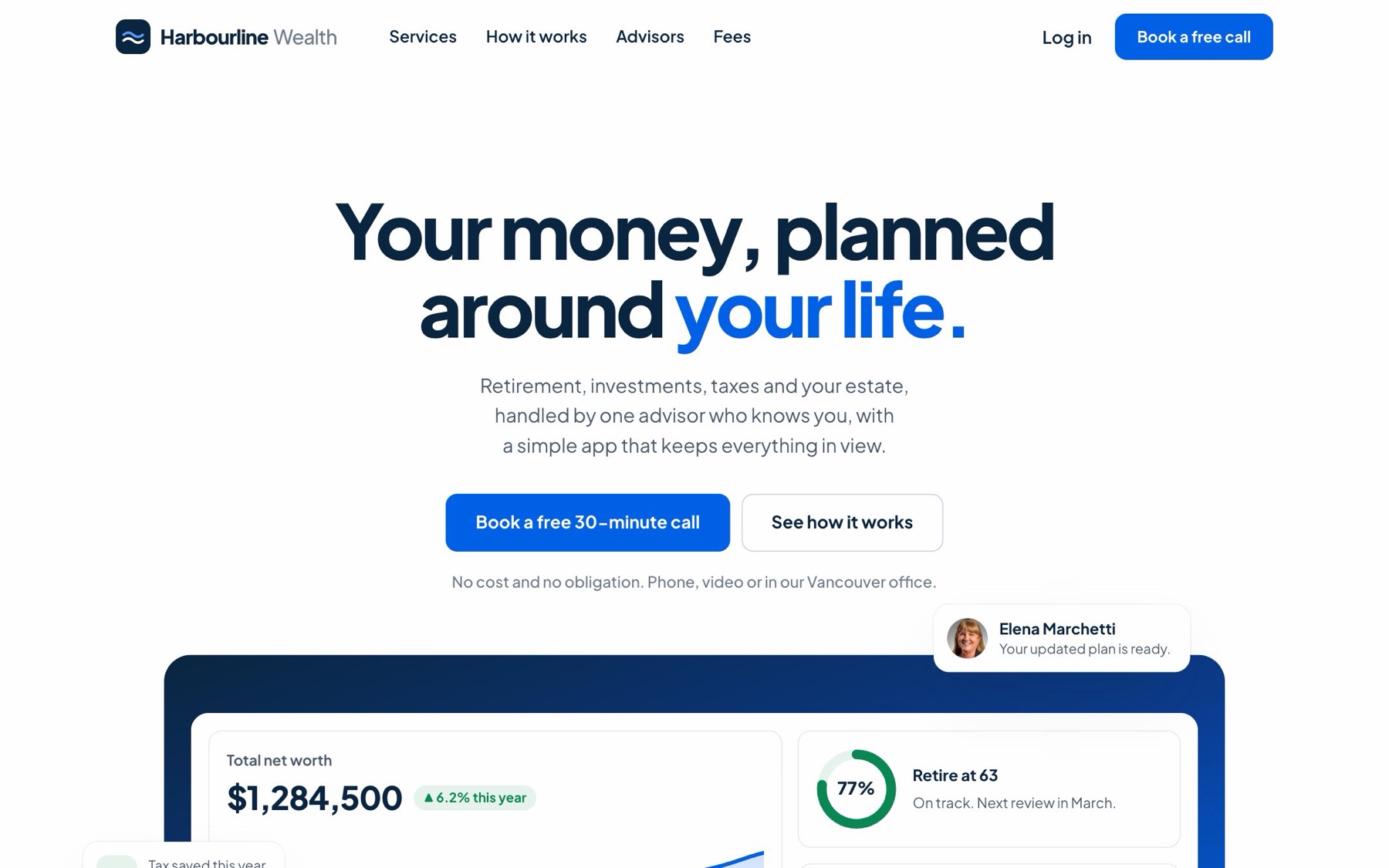 The Harbourline Wealth concept website homepage: the headline Your money, planned around your life. above a client dashboard showing net worth and retirement progress.