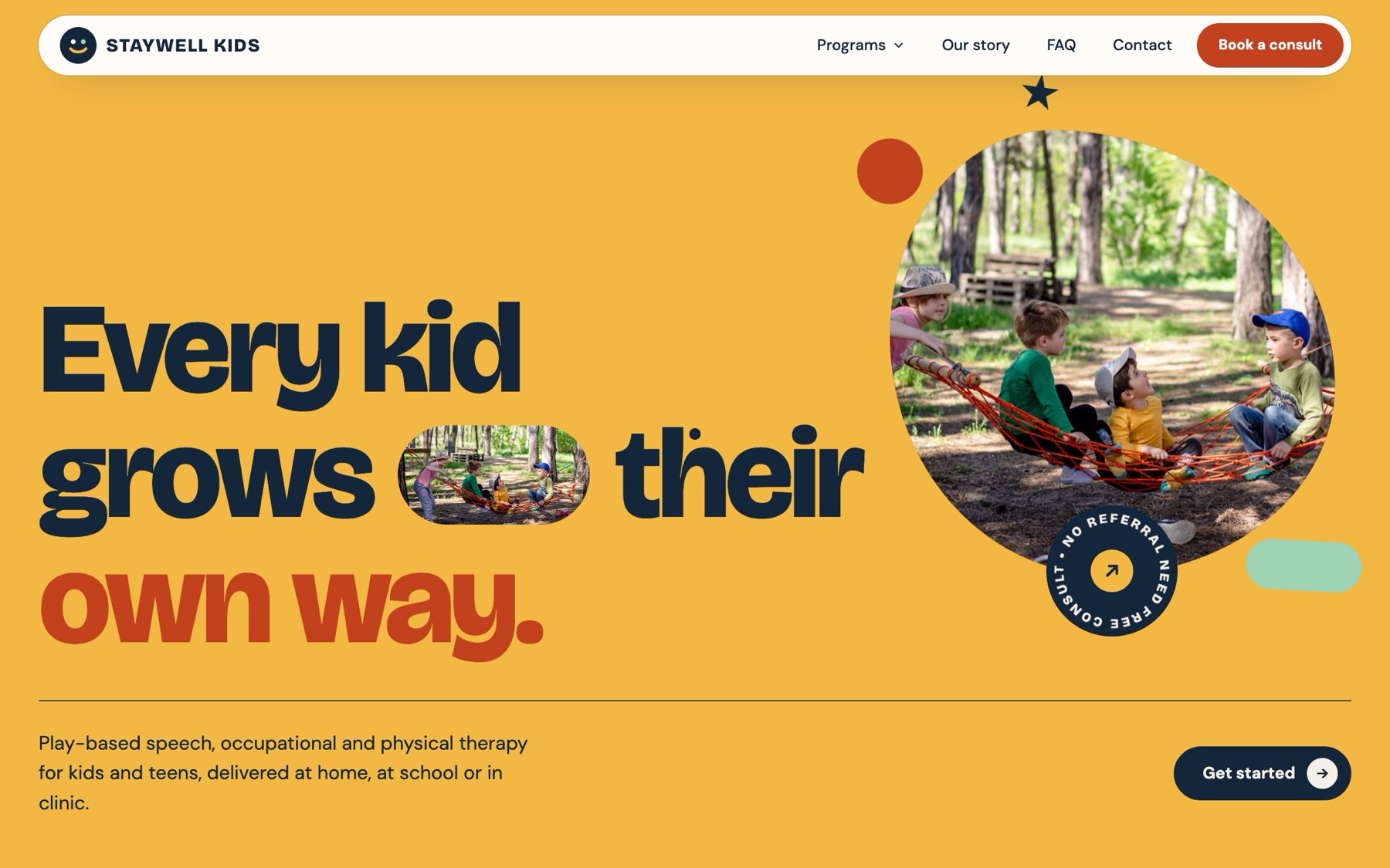 The Staywell Kids concept website homepage: the headline Every kid grows their own way on a warm yellow background beside a photo of children playing in the woods.